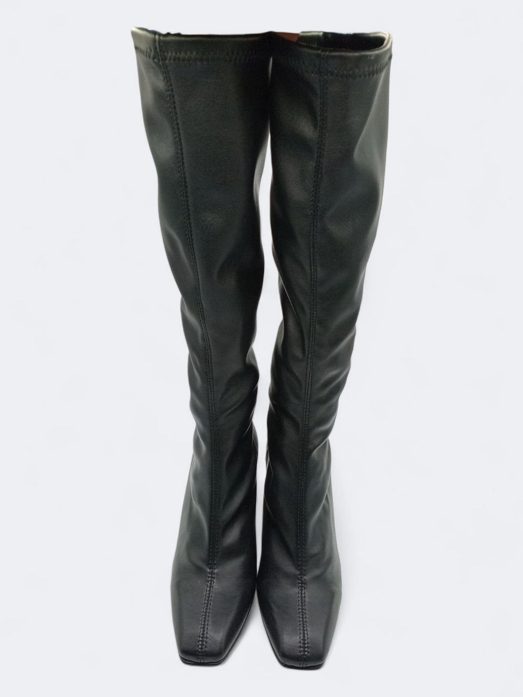 BOTA QUADRADA DANIELA VEGA PRETO COURO TECIDO CANO LONGO ALTO