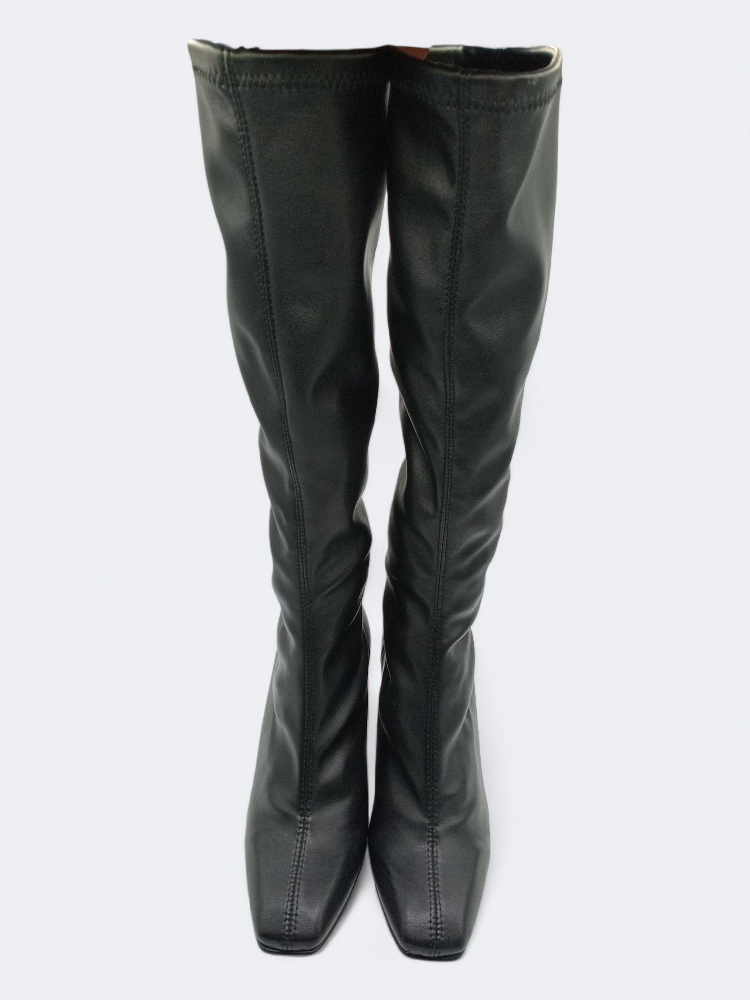 BOTA QUADRADA DANIELA VEGA PRETO COURO TECIDO CANO LONGO