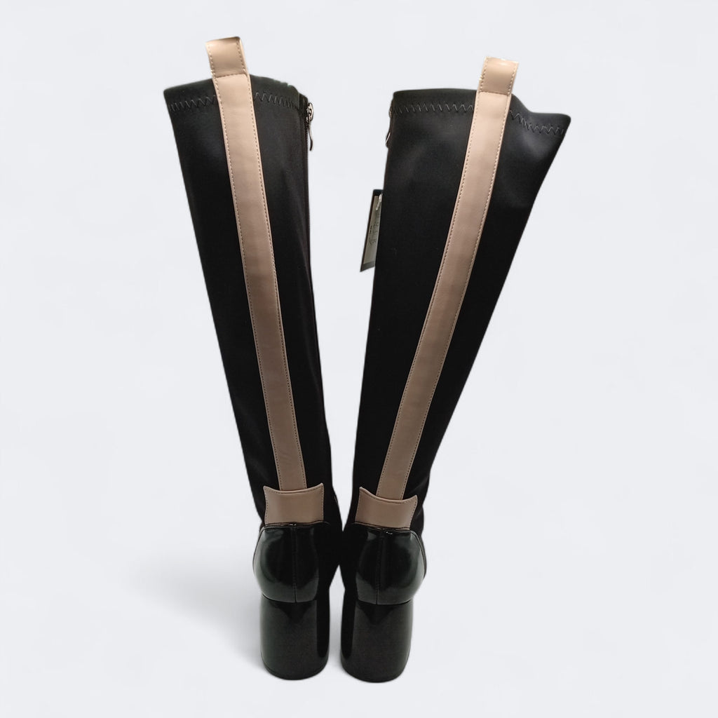 BOTA SALTO ROCKAWAY PRETO BEGE ROSE TECIDO IMPERMEÁVEL LISTRA BEGE CANO ALTO BICUDO