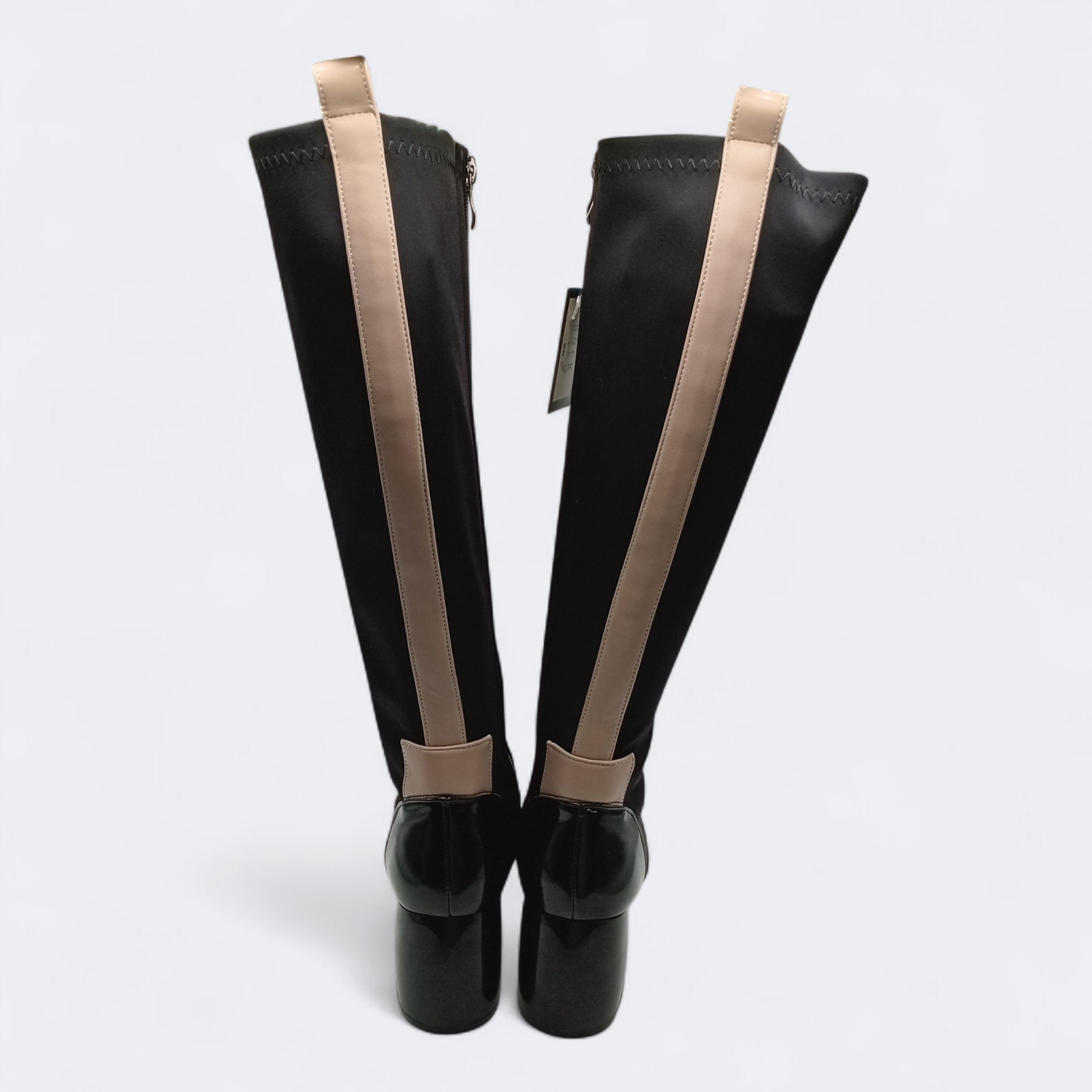 BOTA SALTO ROCKAWAY PRETO BEGE ROSE TECIDO IMPERMEÁVEL LISTRA BEGE CANO ALTO BICUDO