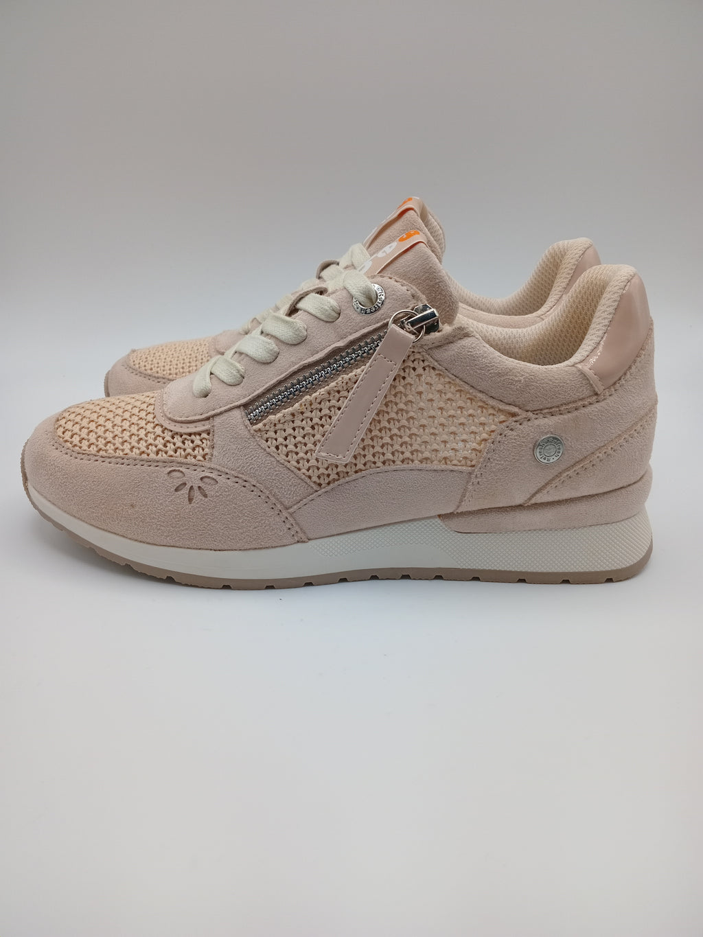 TÊNIS REFRESH ROSE BEGE NUDE BRANCO TECIDO MACRAME CROCHE CAMURÇA ABERTURA ZIPER LATERAL