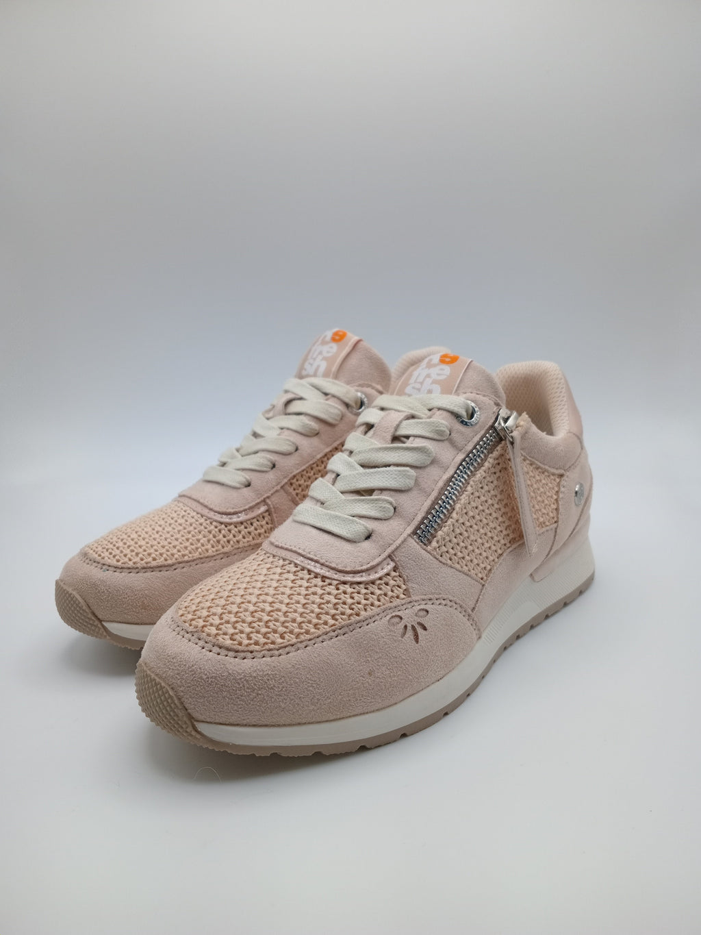 TÊNIS REFRESH ROSE BEGE NUDE BRANCO TECIDO MACRAME CROCHE CAMURÇA ABERTURA ZIPER LATERAL