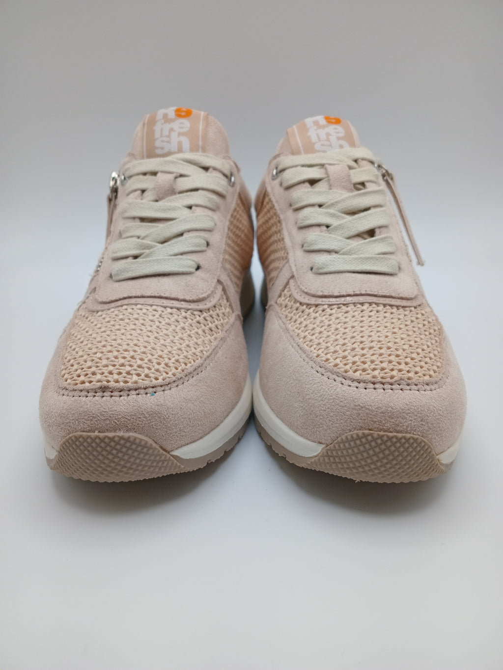 TÊNIS REFRESH ROSE BEGE NUDE BRANCO TECIDO MACRAME CROCHE CAMURÇA ABERTURA ZIPER LATERAL